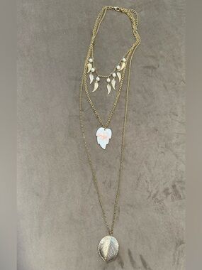 Gold Tone Layered Leaf Pendant Necklace with White Accents - Women’s Jewelry